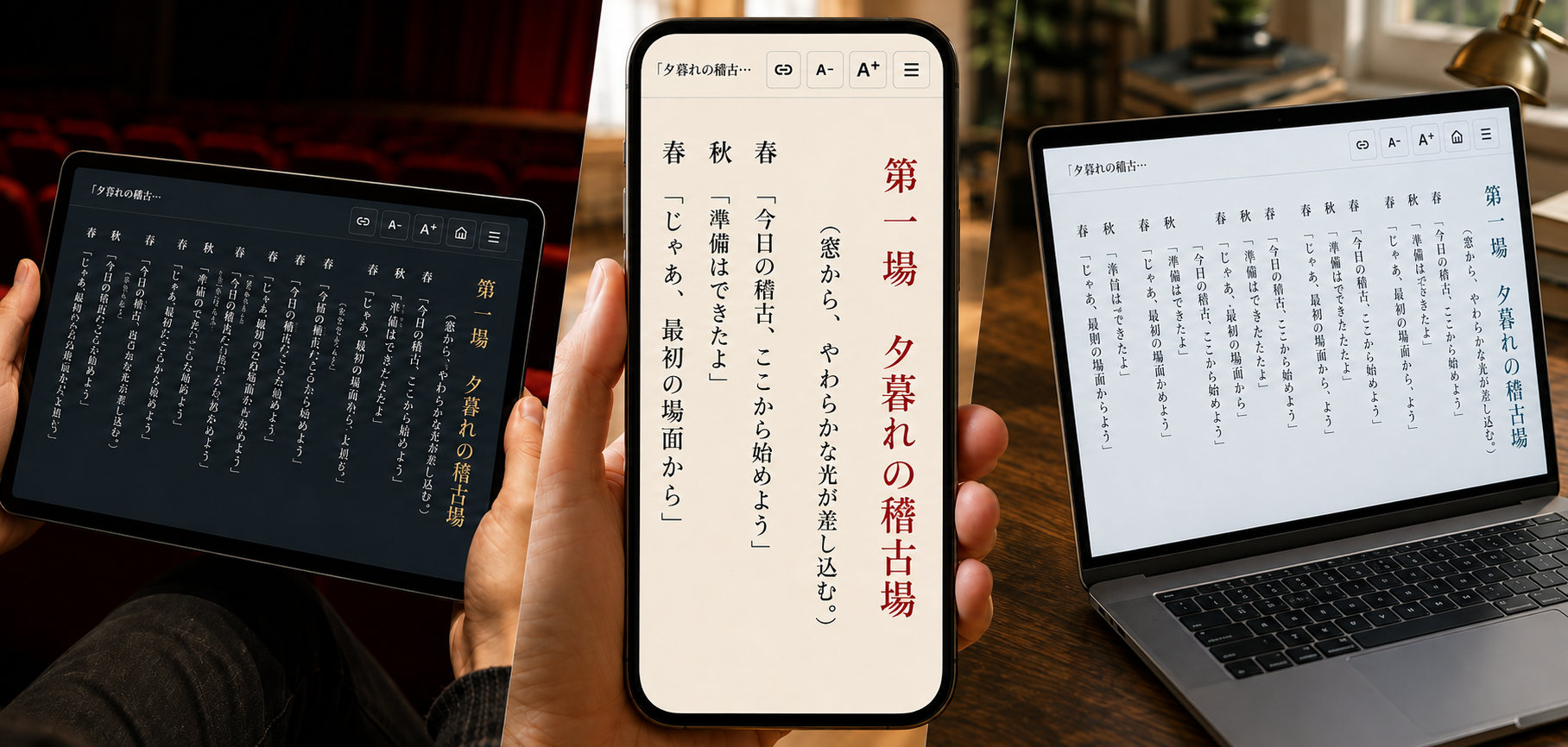 左から、赤い客席の劇場で使うタブレット、明るい板張りの稽古場で手に持つスマートフォン、書斎のノートPC。どの画面にも見出し入りの縦書き台本が表示されています。